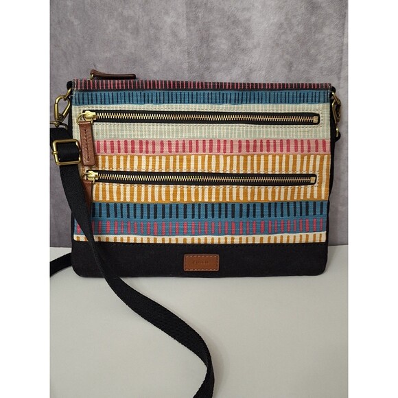 Fossil Passport Crossbody Purse Handbag Canvas Striped Multicolor Y2K Bohemian - Picture 3 of 13